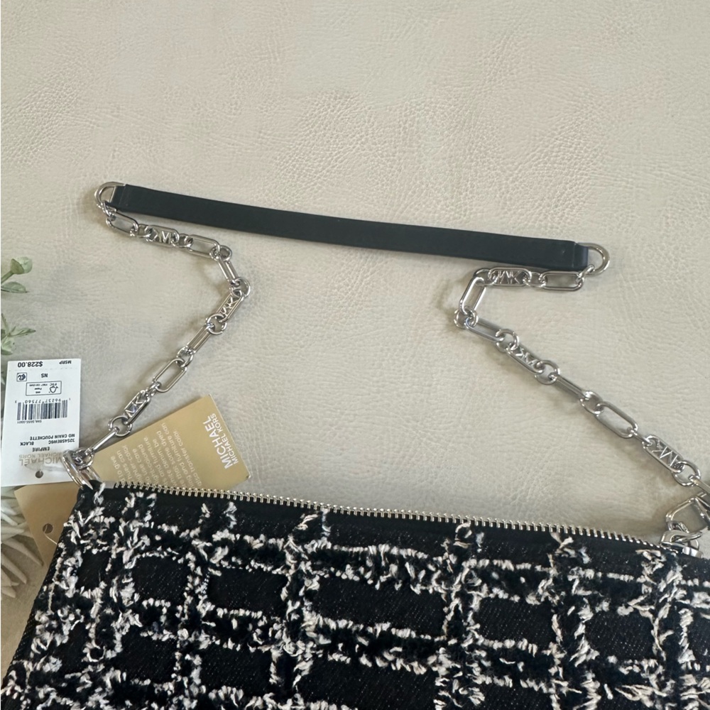 NWT MICHAEL KORS Empire Medium Frayed Denim Chain-Link Pochette Shoulder Bag - Picture 7 of 12